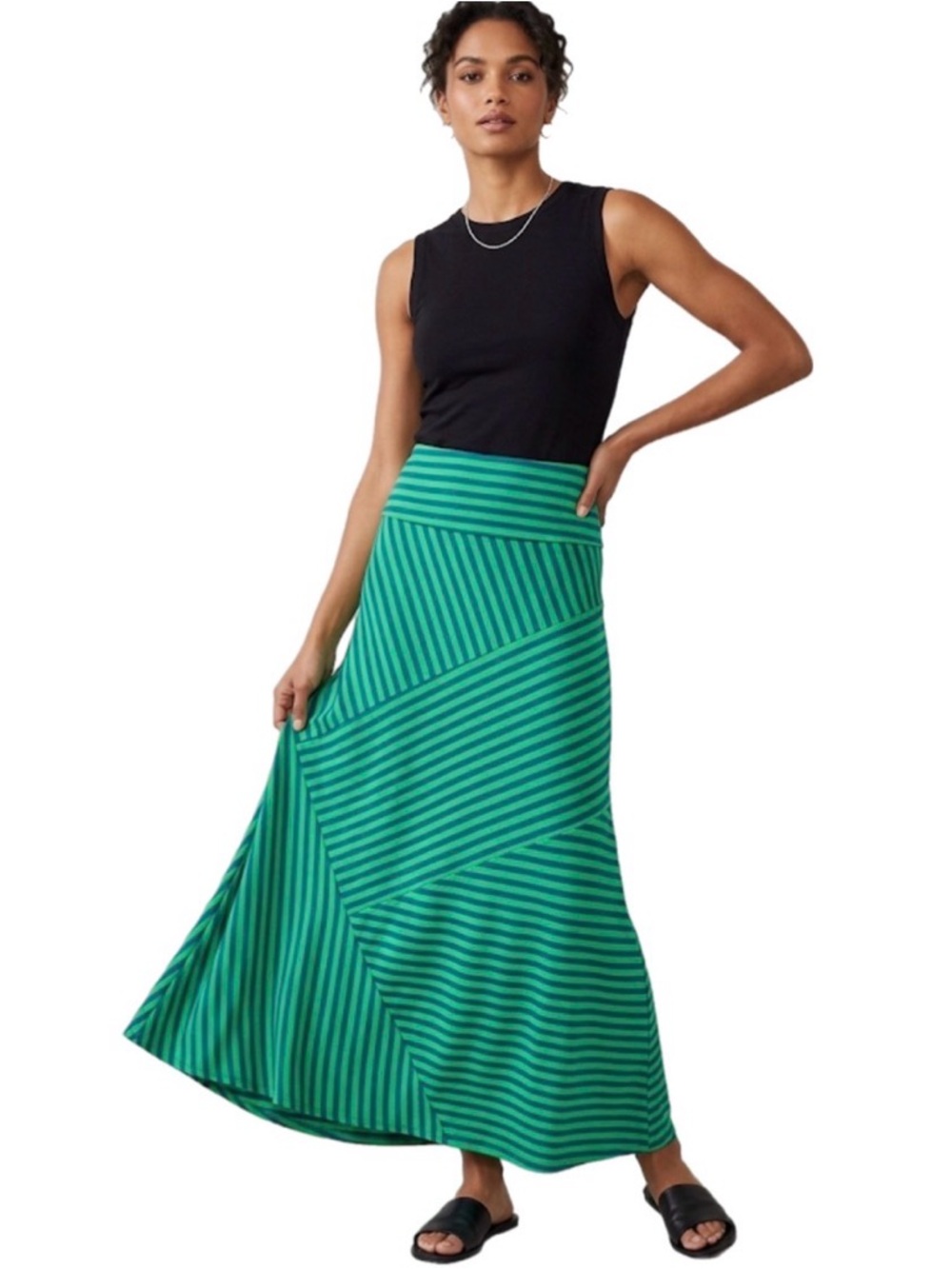NWOT M Women’s Green Striped Maxi Asymmetrical Comfy Beach Summer Skirt